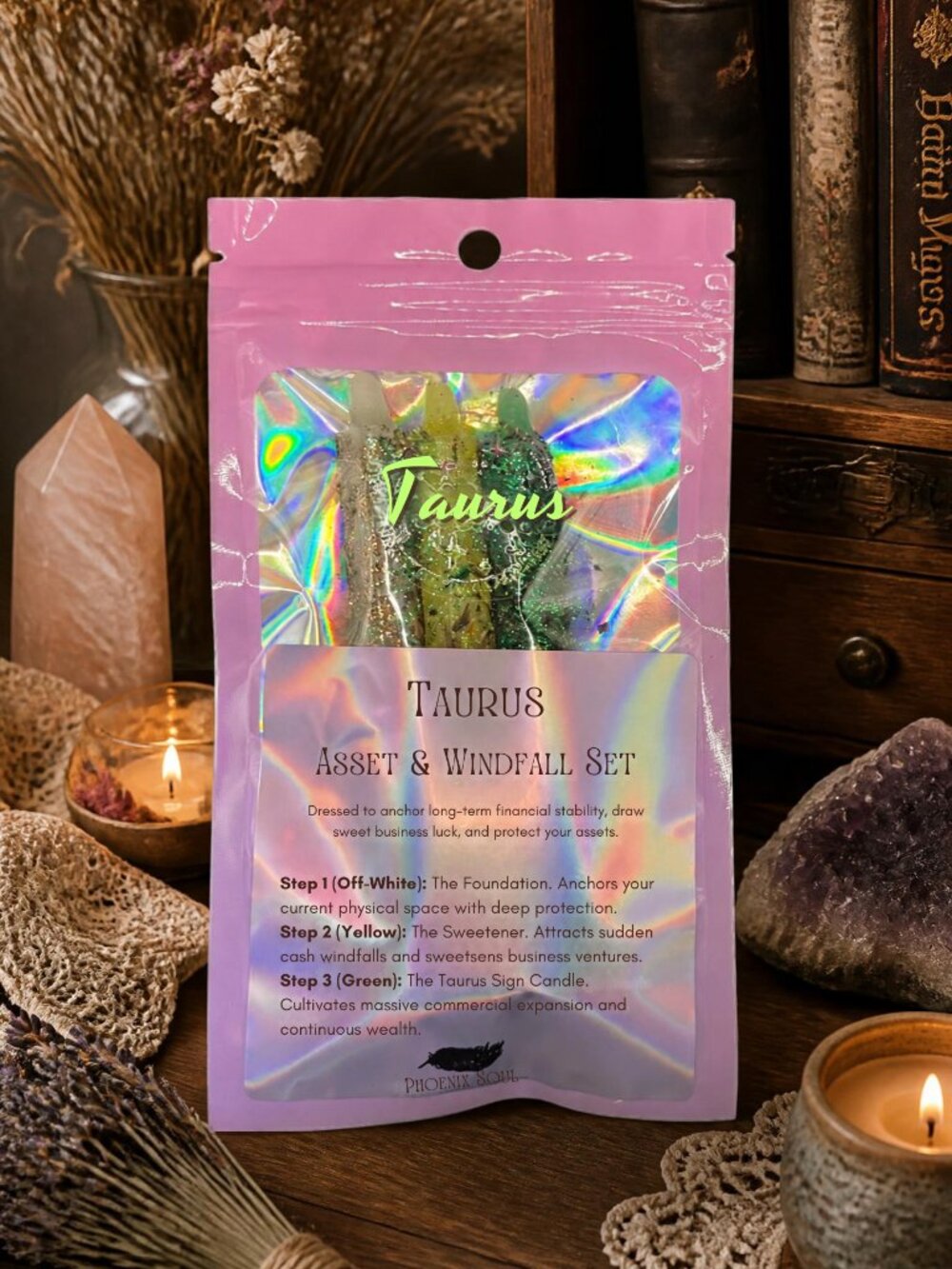 3pc Taurus Asset & Windfall Spell Candle Set Hand Dressed